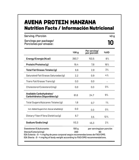 Avena en Hojuelas Alta en Proteína Manzana y Canela 400g